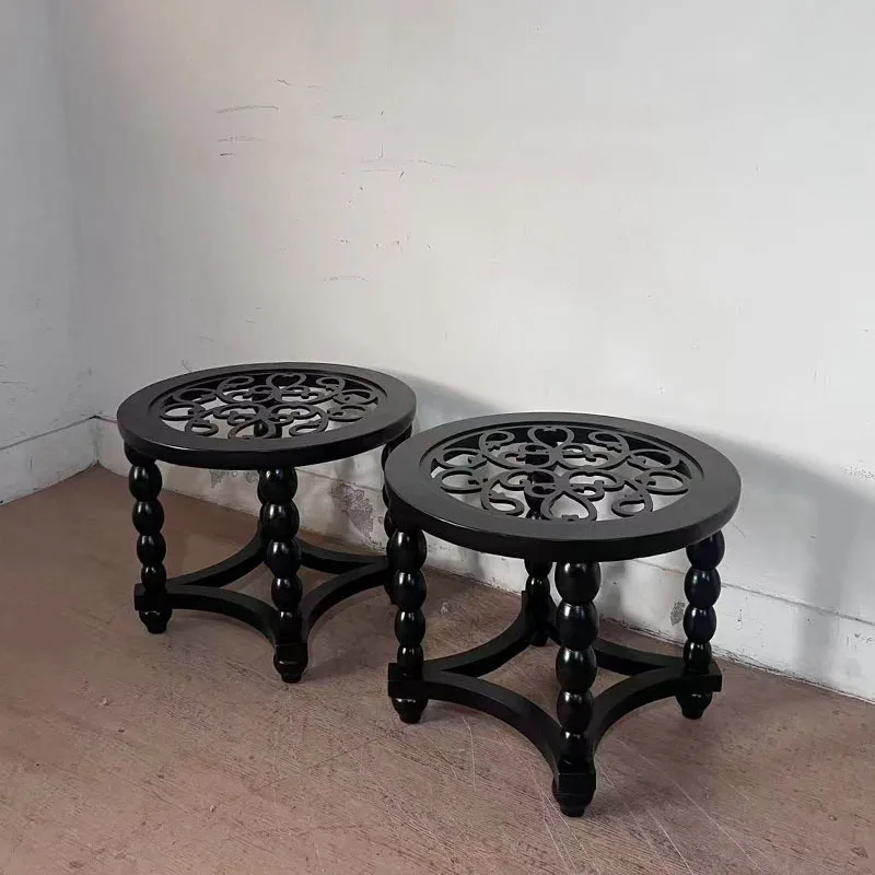 Chinese black hollow carved round table solid wood side table living room decoration small coffee table French retro furniture