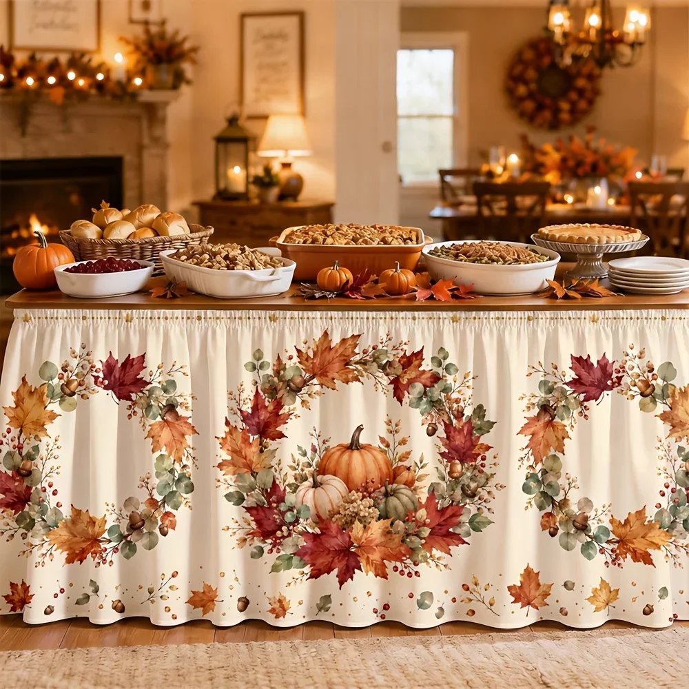 Send a tablecloth and table skirt 1 piece. Autumn Harvest Table Skirt. Polyester. Autumn garland leaves. Pumpkin.