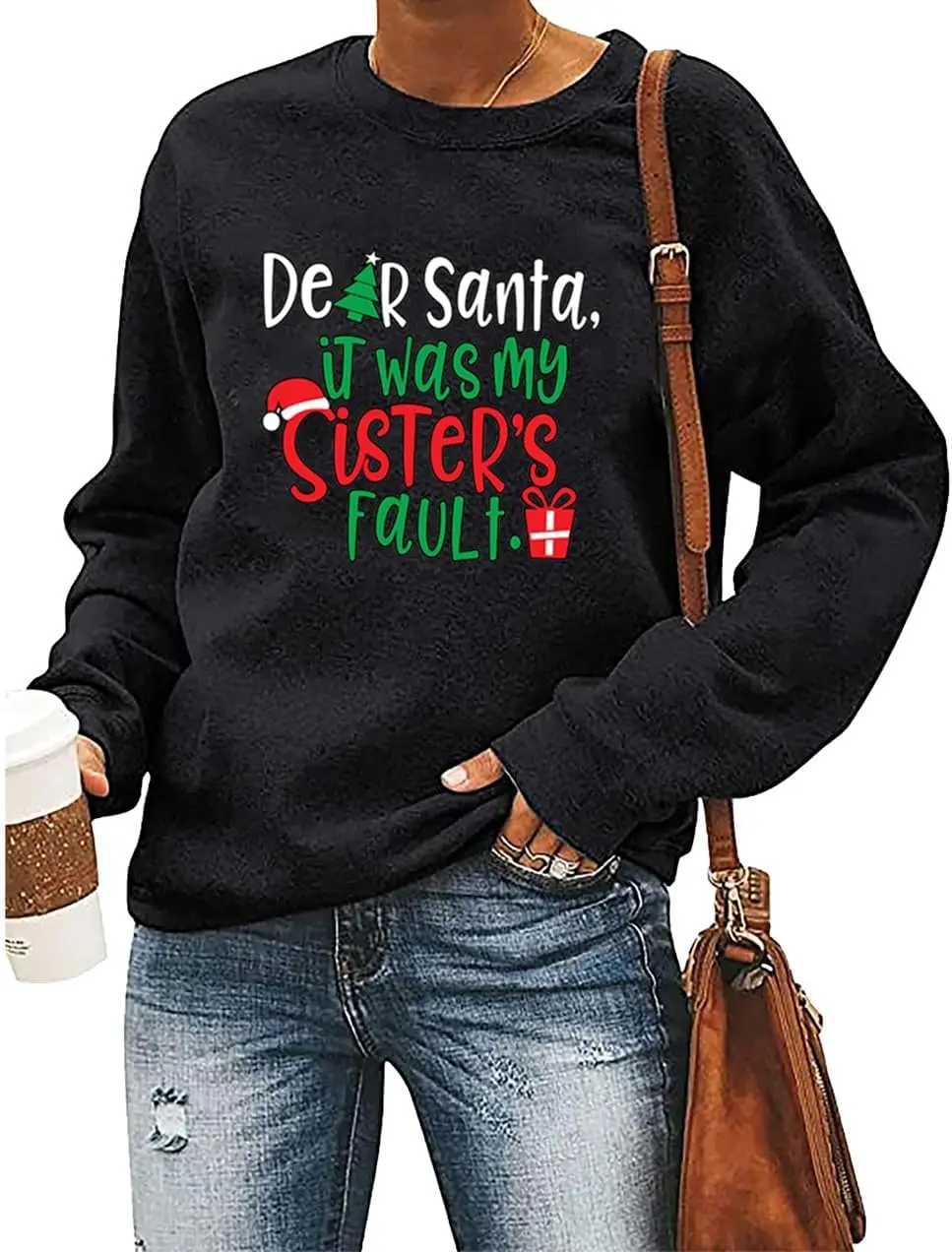 TSIIUO Women's Christmas Sweatshirt Dear Santa It Was My Sister's Fault Tshirt Xmas Gift Casual Long Sleeve Tops