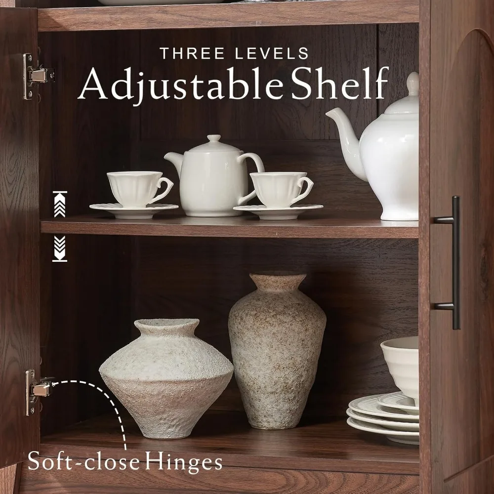 Mid-Century Rattan Door Display Cabinet - 69.3 Tall Rounded Bookcase with Open Shelves