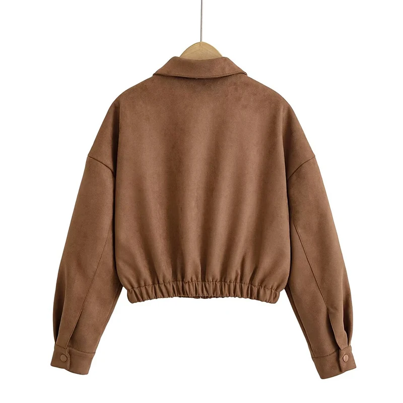 2026 Giacca da donna in finta pelle scamosciata allentata casual solida Manica lunga Colletto con risvolto con tasche Crop Capispalla Cappotto primavera autunno