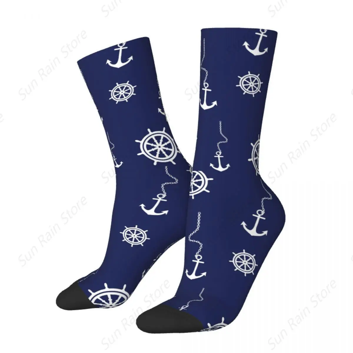 Colorful Nautical Navy Anchors Steering Wheels Sports Socks Marine Ocean Polyester Crew Socks for Unisex