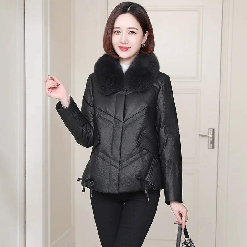 2024Haining  New Winter Genuine Leather Down Coat Women's Sheepskin Fox Collar Genuine Leather Coat Women's Short Coat