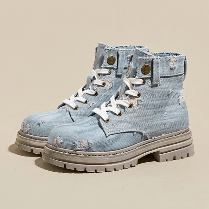 

Autumn New Chunky Heel Denim Boots Women Fashion Lace Up Metal Button Design Ankle Boots Comfortable Non Slip Platform Boots