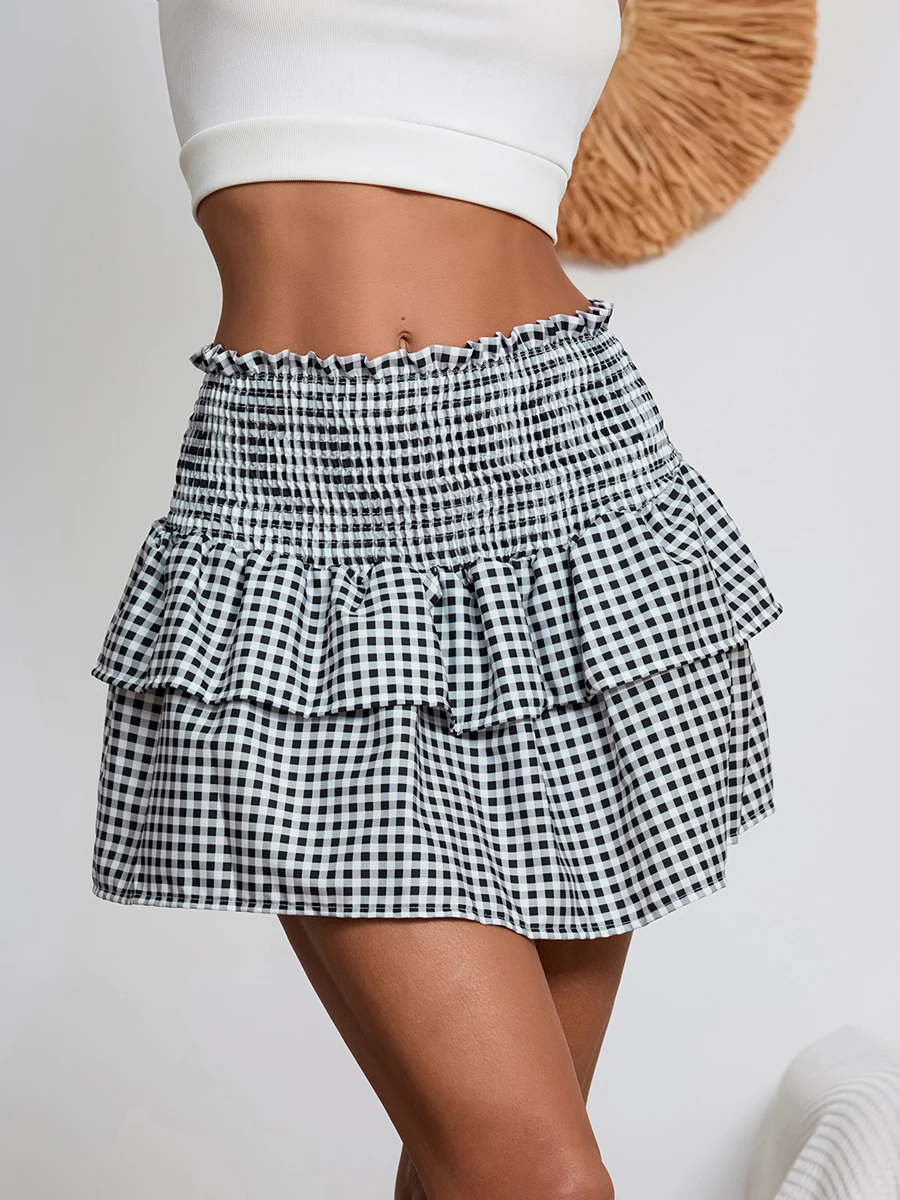 Nieuwe Mode Dames Gelaagde Minirokken Casual Zomer Geruite Print Elastische Hoge Taille Rok Voor Strandvakantie Club Streetwear S-XL