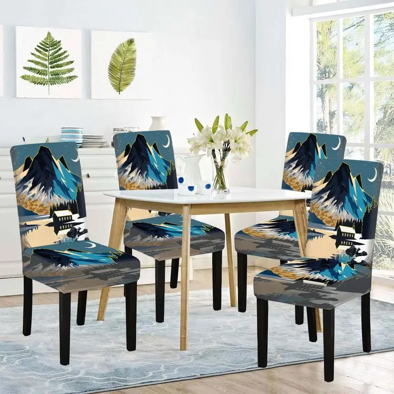 

Flat Printed Dining Chair Cover Serene Night Scene Pattern of Mountains and Starry Sky, Vintage Flat, Home Dining Chair Cover