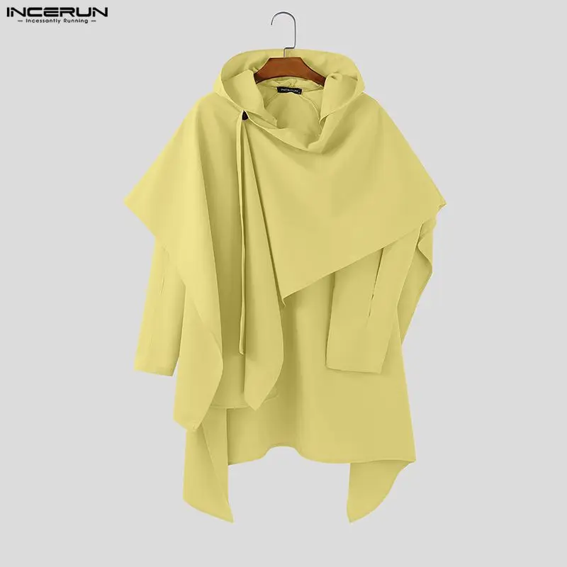

INCERUN Men Trench Solid Color Hooded Long Sleeve Hollow Out Irregular Cloak Coats Men Ponchos Loose Streetwear Fashion Cape Men