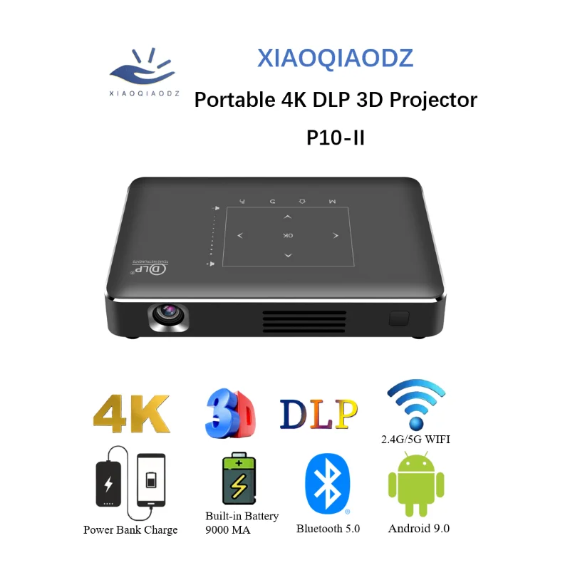 

XIAOQIAODZ Portable 4K DLP 3D Projector P10-II USB 12V Mini Beamer Micro Android Battery Rechargeable Pocket Wifi Bluetooth Car