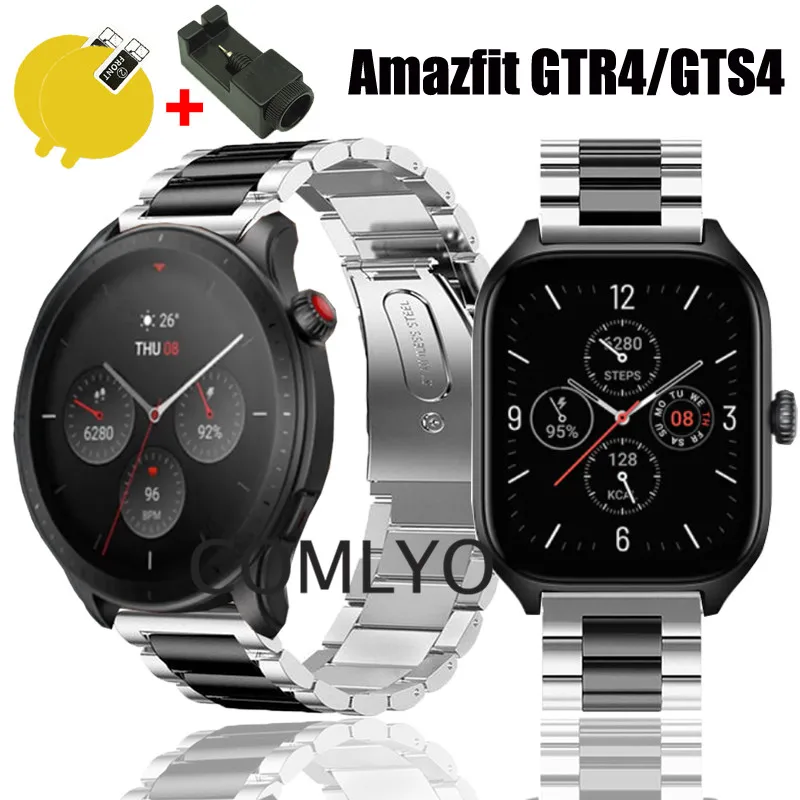 Untuk Amazfit GTR4 GTR GTS 4 GTS4 Tali Jam Tangan Pintar Gelang Pengganti Logam Sabuk Baja Tahan Karat Film Pelindung Layar