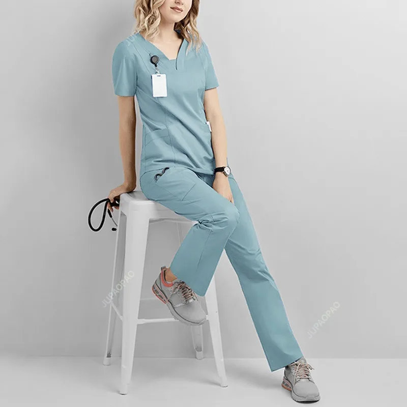 Hospital Doctor Nursing Uniform Women Wholesale Casual Short Sleeved V-neck Jogger Suits Nurse Pharmacy Working Medical Uniform