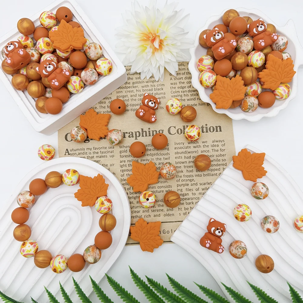 34Pcs Maple Leaf Red Panda Silicone Beads Set DIY Beaded Necklace Bracelet Decoration Pen Jewelry Pendant Etc. Holiday Birthday Gift view 3