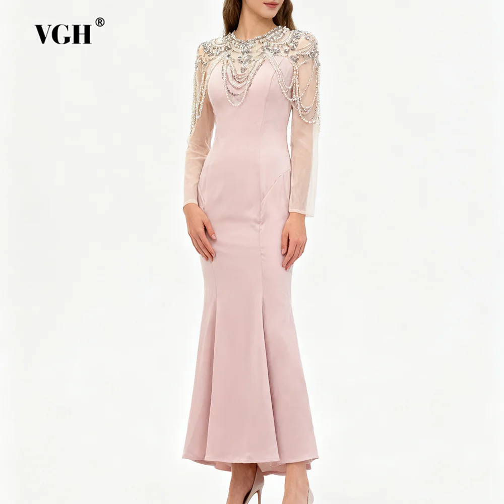 فساتين التخسيس الماسية الصلبة من VGH للنساء برقبة دائرية وأكمام طويلة وخصر عالٍ فستان بمزاجية للسيدات على الموضة