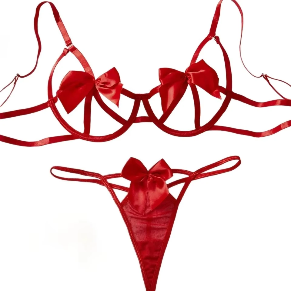 New Lace Hollow Out Bowknot Bra Womens Erotic Seductive Underwear Apparel Womens Seductive Clothing Womens Sexy Lingerie Set