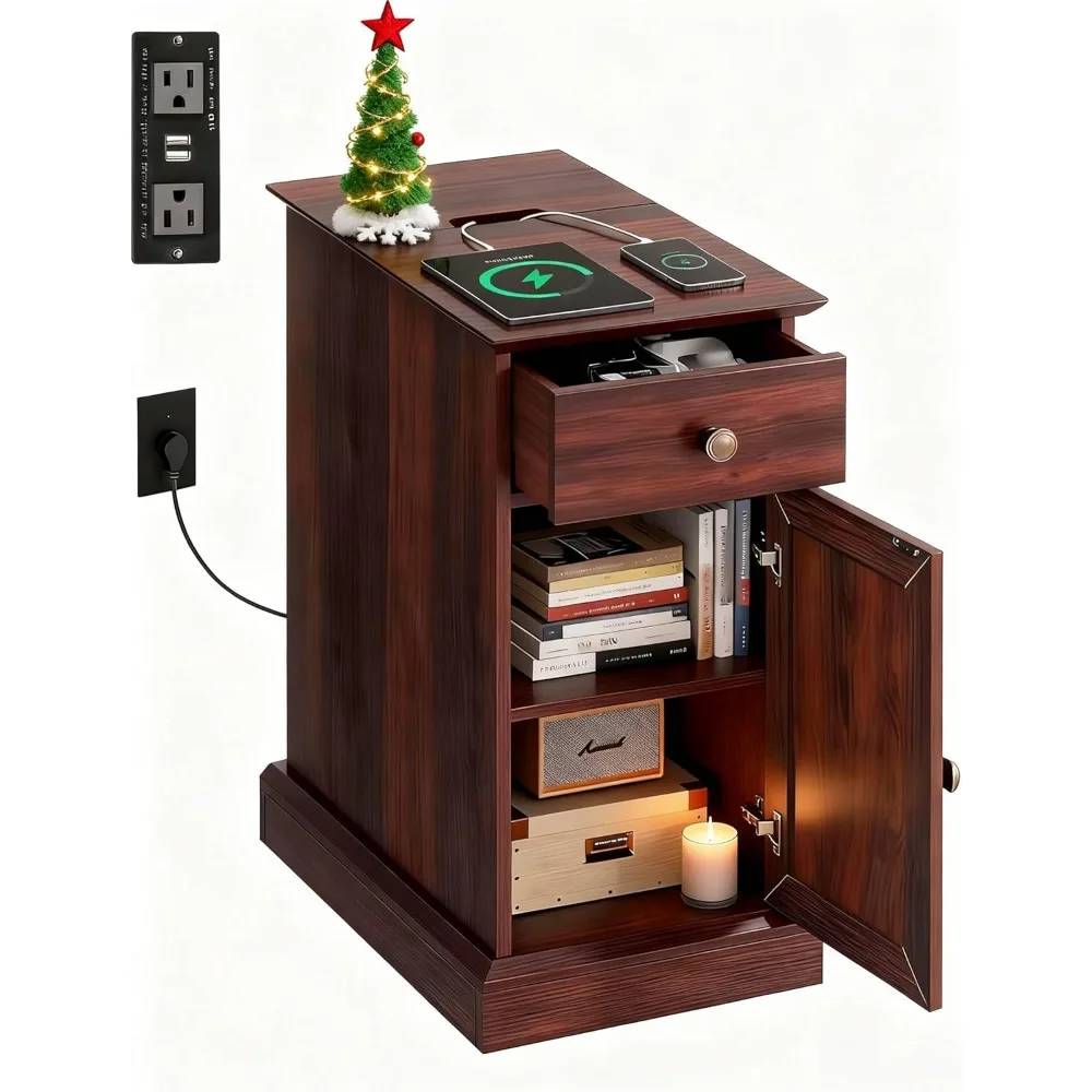 

Side Table with Charging Station, Farmhouse-style Bedside Table with Storage Drawers, Wooden Bedside Table