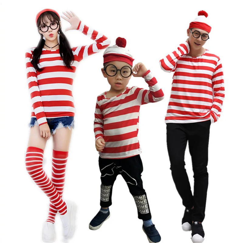 Smart Wally Where's Wally English Anime Character Cosplay Costume Striped Children Women Men 3-Piece Striped Top + Glasses + Hat