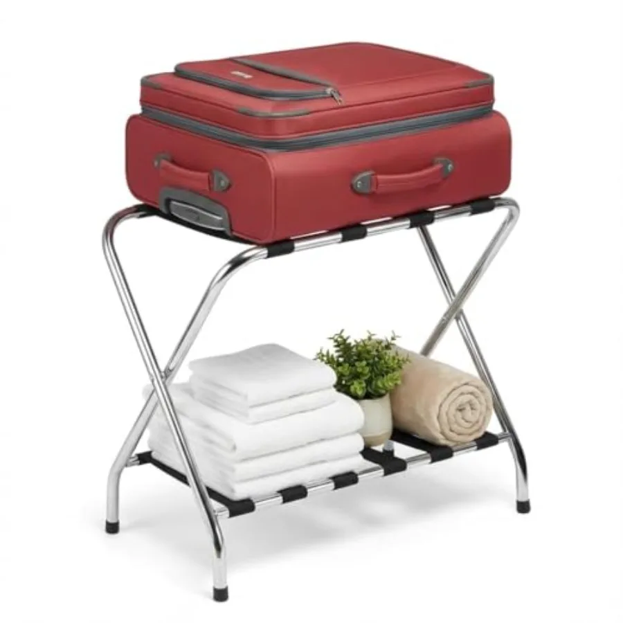 

Двухуровневая складная подставка для багажа с нижней полкой, легкая сборка, металлический каркас, для гостевой комнаты, спальни, отеля или гардеробной