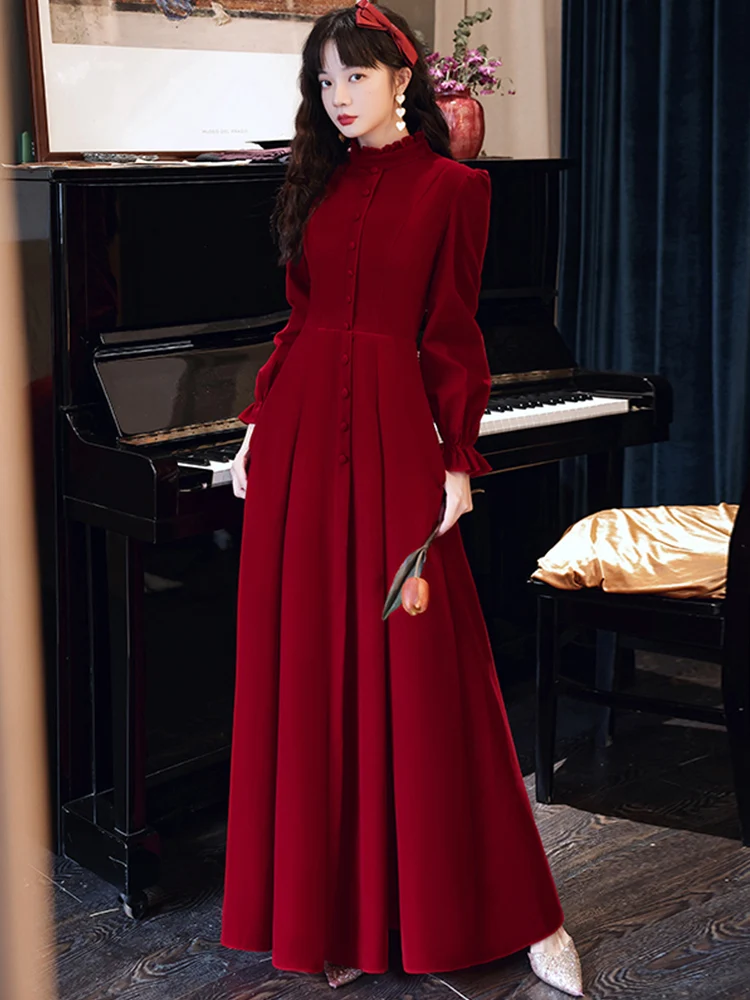 

Red Long Sve Wedding Dr Long Evening Gown for Women Korean Sle mid Waist Zipper Ba Slim Fit Pure Color Par Dr