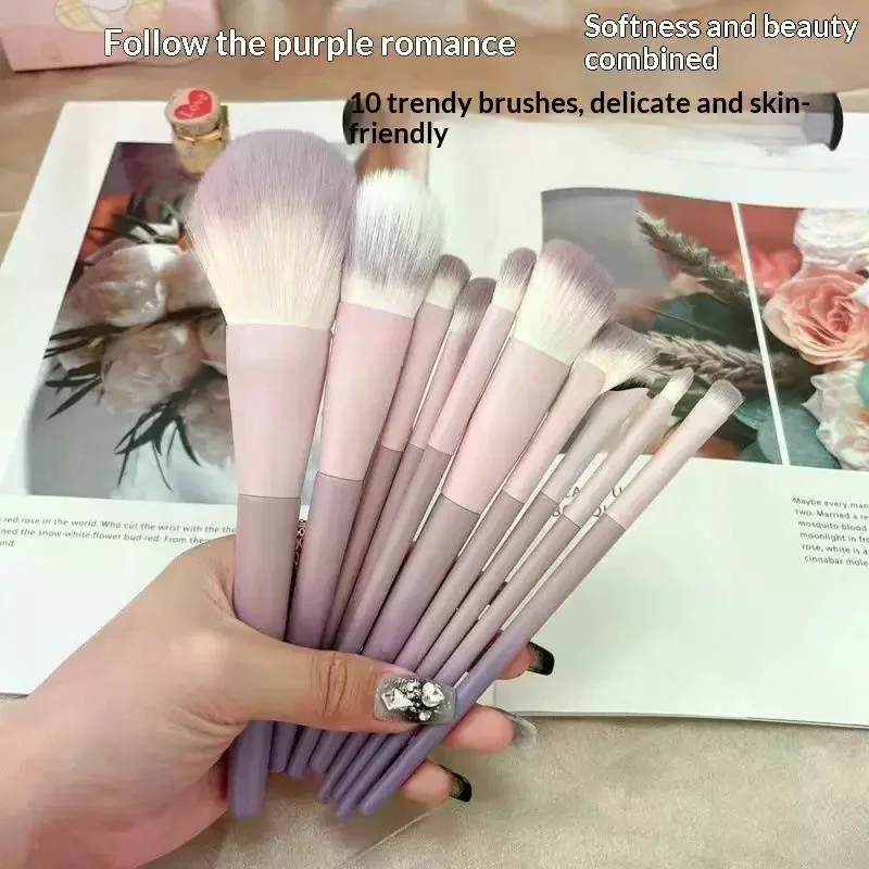 10-Piece Synthetic Bristle Cosmetic Brush Set Pink-Purple Gradient Plastic Handle Portable for Professional Home Use