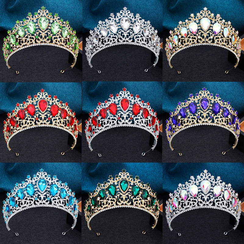 Corona grande de cristal elegante para novias, 11 colores, vestido de novia, joyería para el cabello, tiara verde de princesa y reina, tocado de graduación nupcial