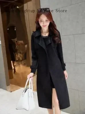 Khaki Red Pink Large Size Faux Suede Coat Autumn Spring Long Faux Leather Suede Trench Women  Fall Ladies Korean