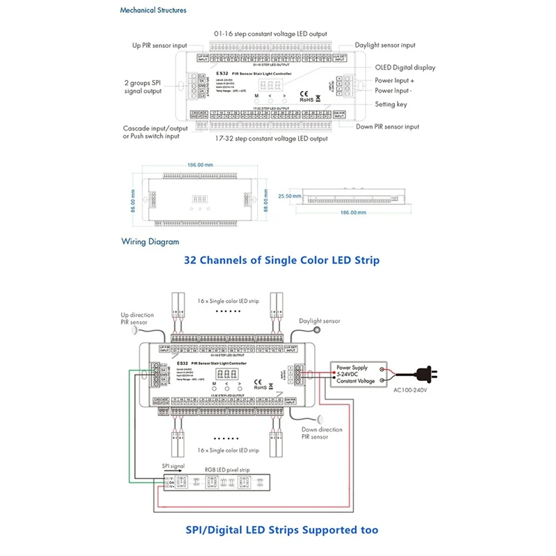 Contrôleur de Lumière d'Escalier ES32, Capteur PIR, 32CH, Document Unique, 2CH, Pixel RGB, éventuelles I, Gradateur de Bande LED, 5V-24V