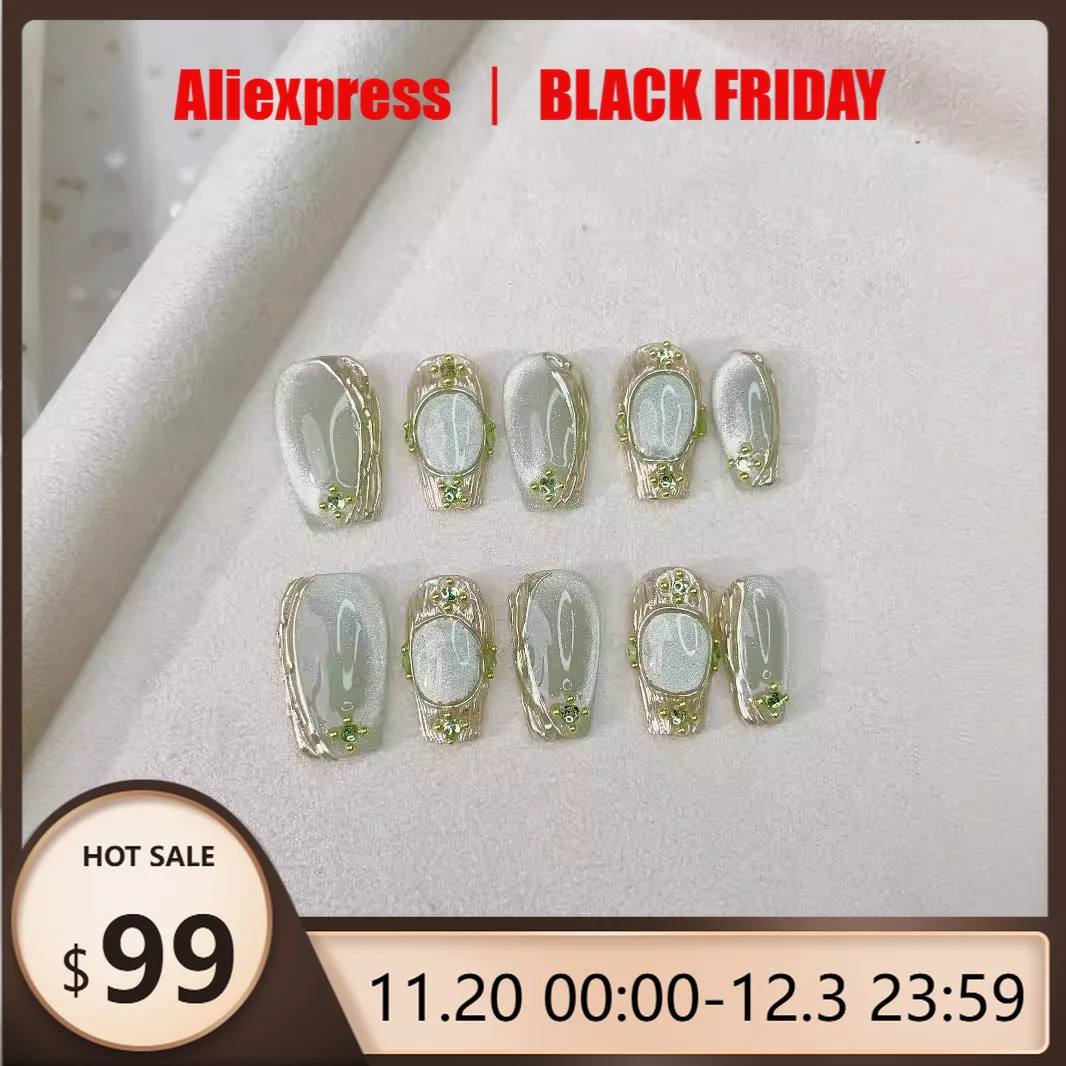 

10pcs Handmade Press on Nails Buccellati Blue Glittering Crystal Cat's Eye False Nail for Women&Girl Removable Wearable Nail Art