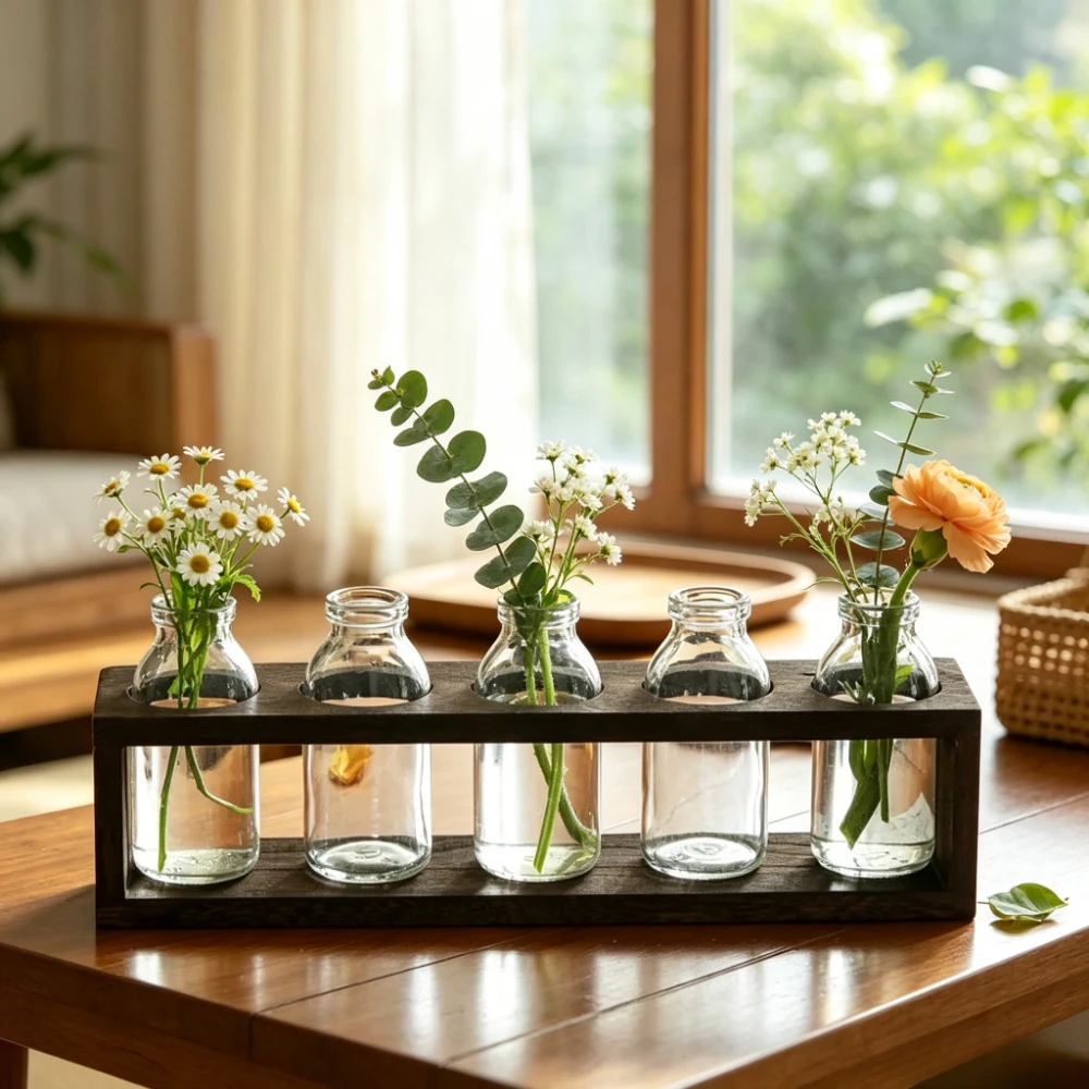 Nordic Style Glass Vase with Wood Frame Base Hydroponic Flower Arrangement Container Home Office Desktop Decor Ornament