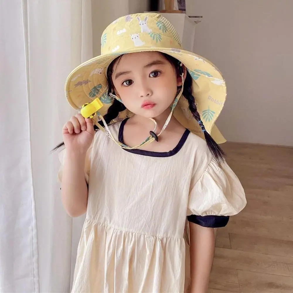 Summer Baby Sun Hat Bucket Cap With Whistle For Girls Boys Outdoor Neck Ear Cover Anti UV Kids Beach Caps