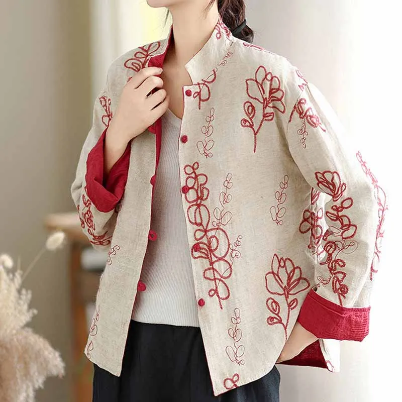 Floral Embroidery Frog Button Stand Collar Loose Fall Casual Double Sided Outwear Coatwomen Reversible New Chinese Style Jacket