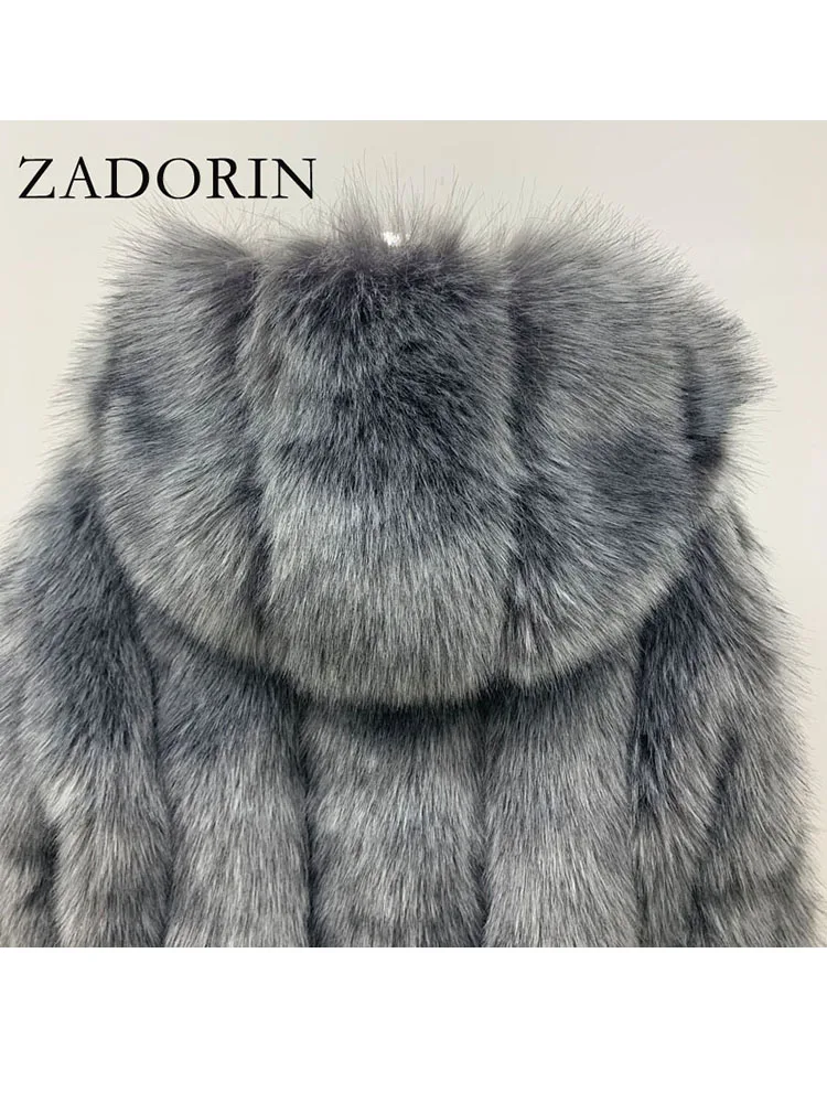 ZADORIN New Luxury Faux Silver Fox Fur Coat Hoodedซิปด้านหน้าFurryฤดูหนาวที่อบอุ่นFauxขนเสื้อแจ็คเก็ตสำนักงานเลดี้เสื้อขนสัตว์