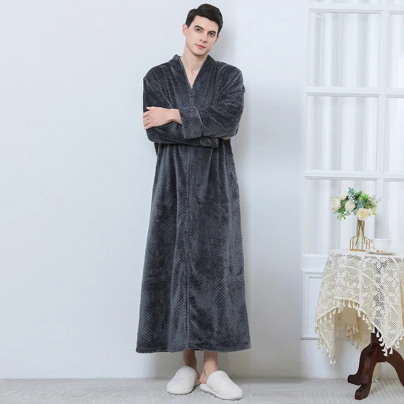 New Thickened Zipper Nightgown Flannel Nightgown Autumn and Winter Sleepwear Solid Color Men\'s and Women\'s Bathrobe