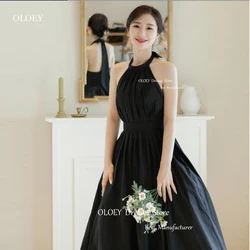 OLOEY Black Taffeta A Line Evening Dresses For Korea Women Halter Pleats Backless Prom Gowns Customised Formal Party Dress