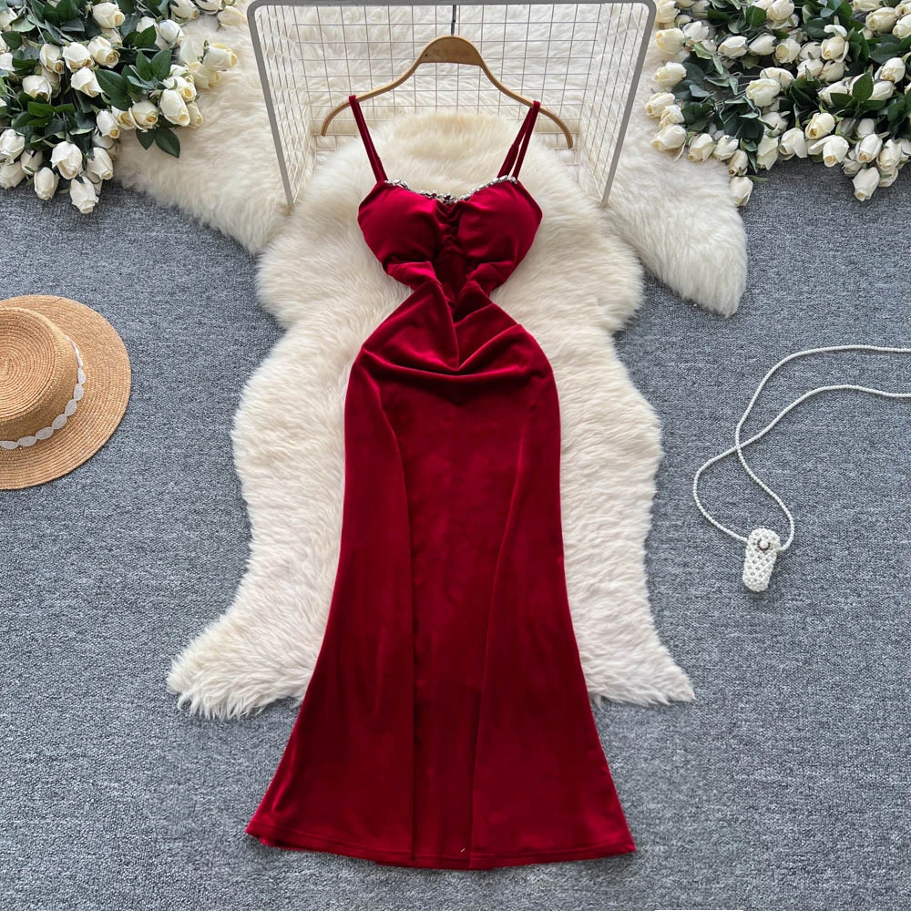 Vintage Elegant sleeveless velour rhinestone dress Ruched korean Fashion Vacation women clothing