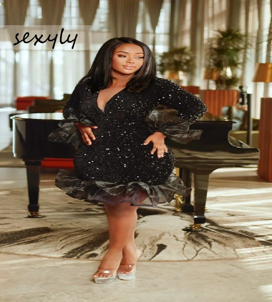 

Sexy Shory Black Birthday Dress V Neck Long Sleeve Sequin Black Girls Prom Dress Glitter Cocktail Homecoming Party Customized