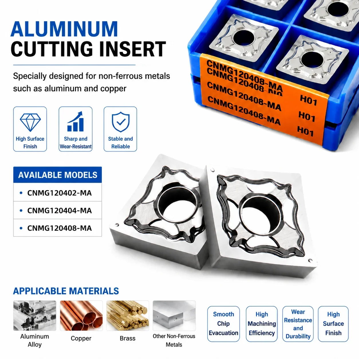 CNC Cutting Tools CNMG120408 CNMG120404 CNMG120402 External And Internal Turning Inserts, Tungsten Carbide Tips For Aluminum