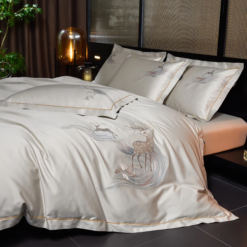 100% Cotton Luxury Deer Embroidery Bedding Set Double Queen King Size Duvet Cover Set  Flat/Fitted Bed Sheet Pillowcases 4Pcs