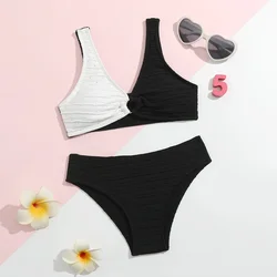 Girls Bikini Two Pieces Swimsuit Kids Black White Children's Swimwear 7-12 Years Teenager Bathing Suit Girl Cute Beachwear 2025