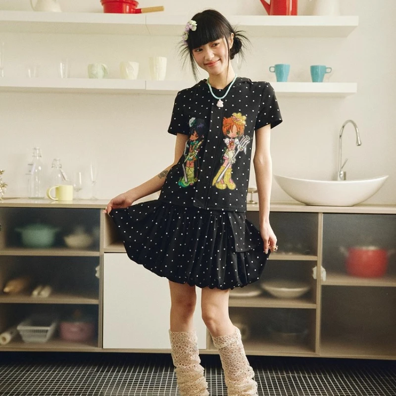 Summer Black Women's Top Original Design Cartoon Anime Polka Dot Short Sleeve Skinny Versatile Sweet Cool Hooded Shirt Ladies
