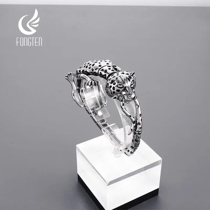 Fongten Gothic Stainless Steel Men Bracelet Silver Color Animal Dragon Tiger Cheetah Chain Charm Bangle Bracelet For Men Jewelry