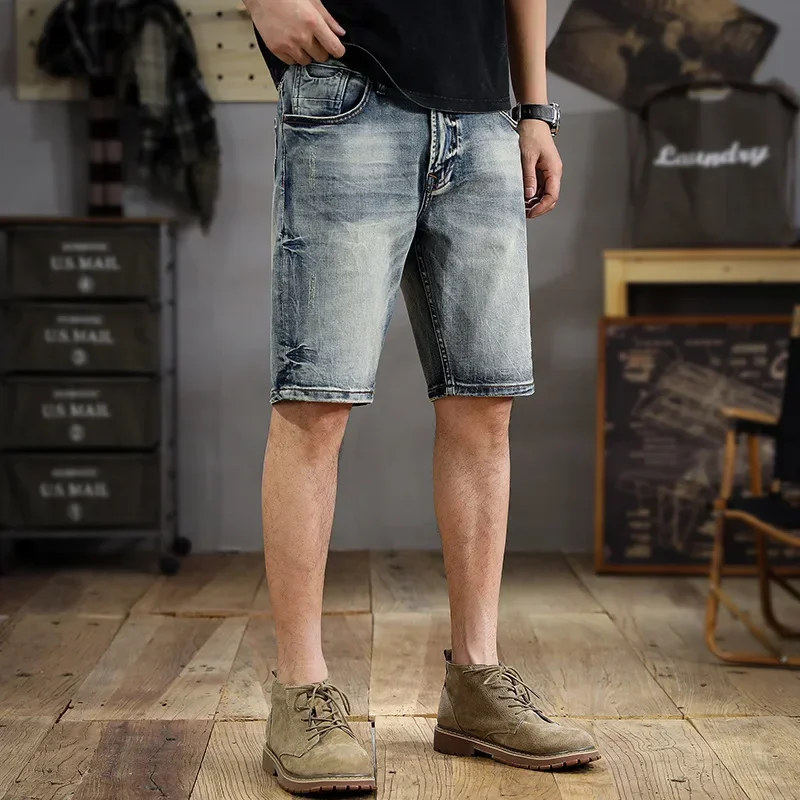 2024 new high-end retro washed men's jeans shorts summer new fashion casual street fashion all-match slim straight pants