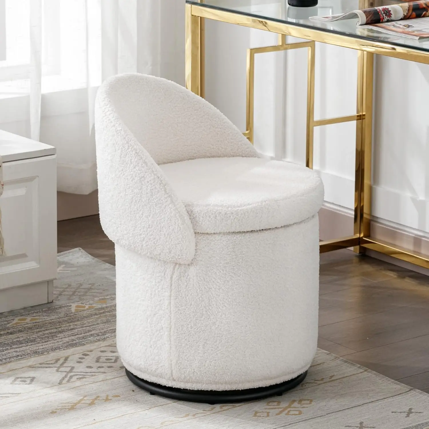 Modern Round Swivel Vanity Storage Stool with Foldable Backrest, Upholstered Ottoman with Removable Lid, Footrest Makeup Stool f