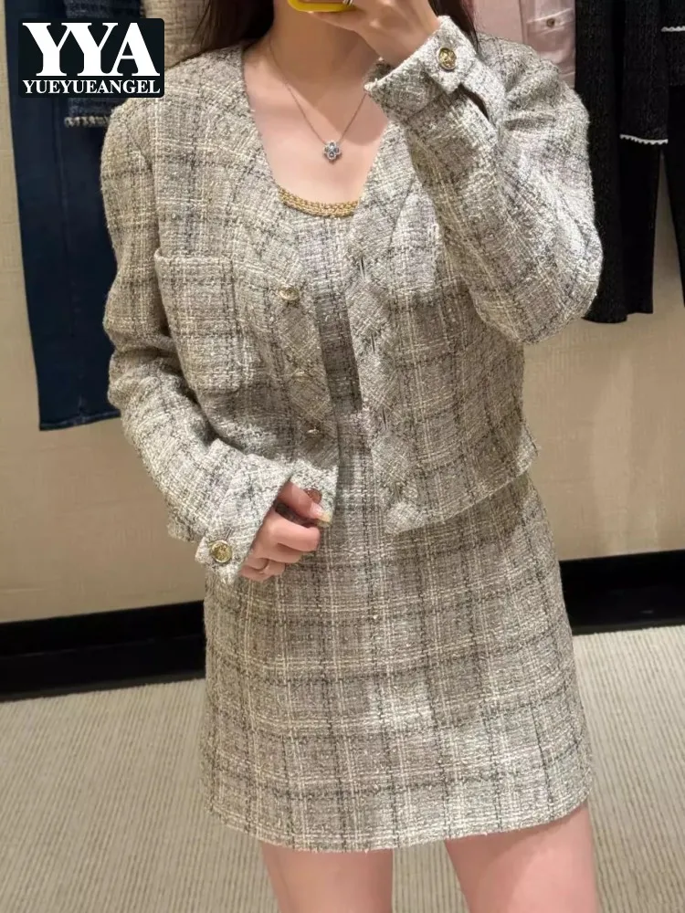 

Autumn New Females Tweed Jacket Coat Sets Single Breasted V-Neck Tops Matching Set Banquet Above Knee Length Sundress Outfits