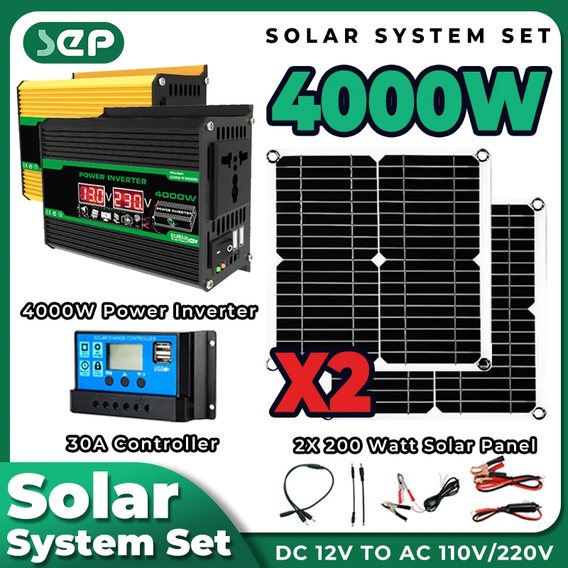 

solar panel kit complete 200W 5V Solar Panel 220v 4000w Inverter 30a Controller photovoltaic kit For House Camping Car RV