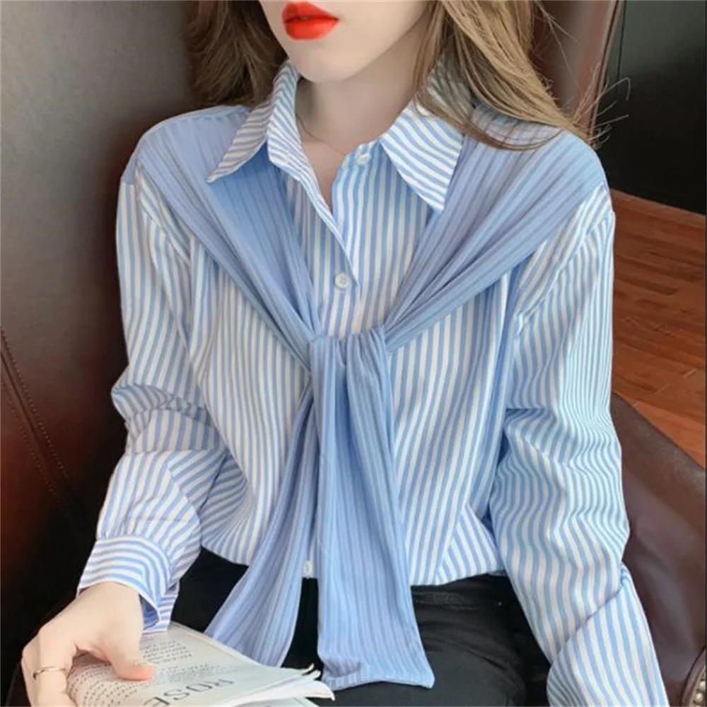 

new tops shawl striped long-sleeved blue design shirt women's fake two-piece blusas elegantes femeninas