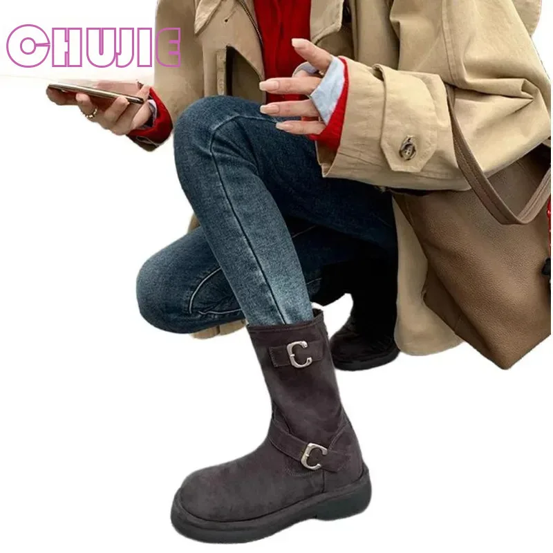 CHUJIE Autumn Winter New Retro Fashion Round Toe Thick Soled High Rise Midsole Short Boots Trendy Cool Versatile Women's Boots