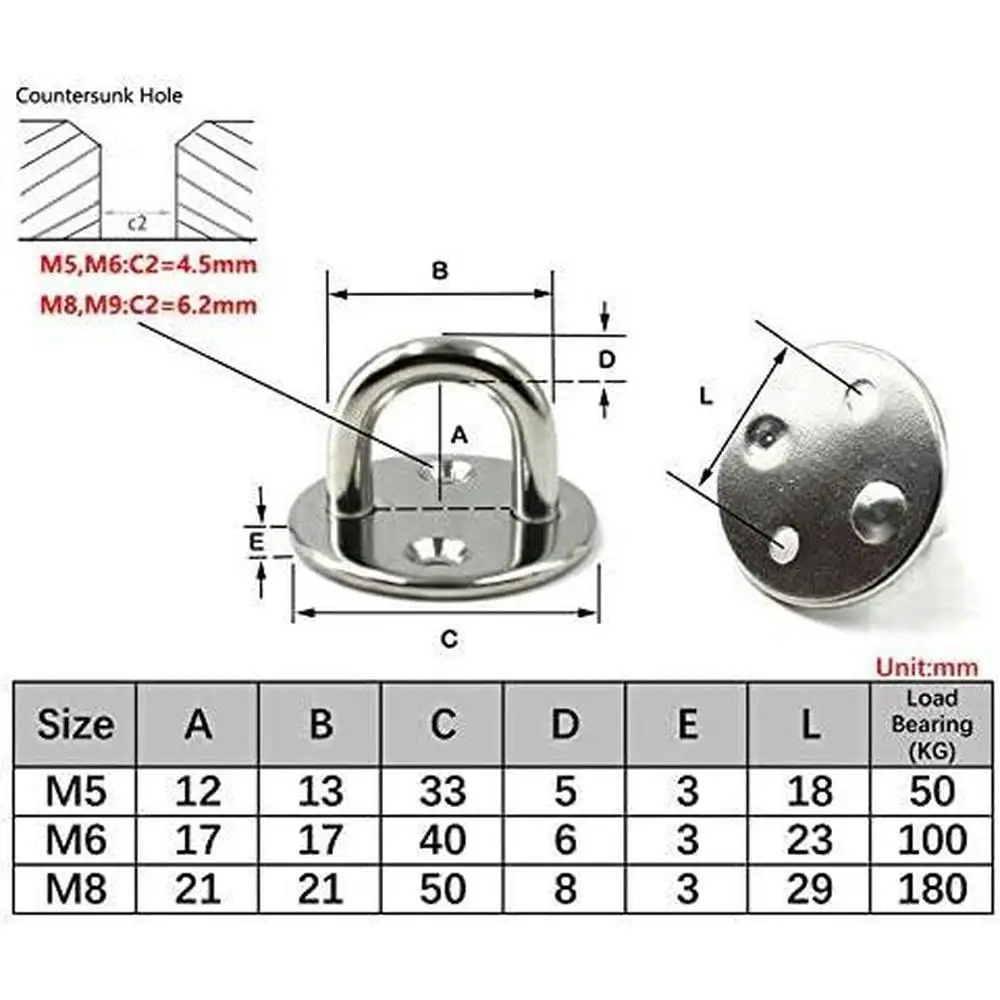 1x M5/6/8 Stainless Steel RV Staple Ring Wall Hook Heavy Duty Fixed Pad Eye Plate Deck Door Buckle U-Shaped Ceiling Mount Hanger