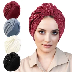 New Elegant Women's Sparkling Sequin Turban Cap Trendy Solid Color Pre-Tied Head Wraps Elastic Beanies Hats Headscarf Chemo Cap