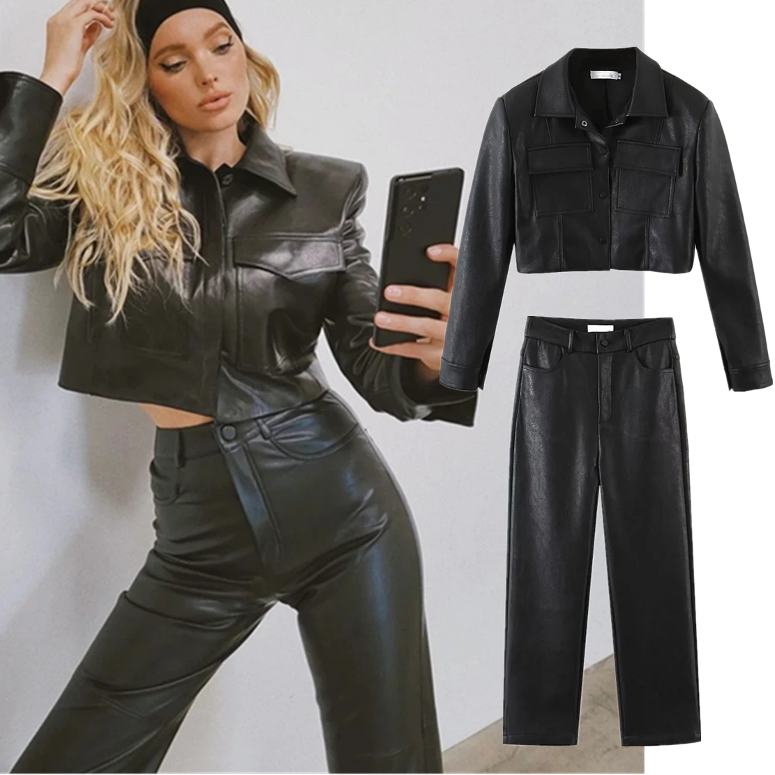 Jenny&Dave Ins Fashion Blogger Leather Straight High Street Short Leather Pu Jacket Retro Casual Pu Pants Sets Women