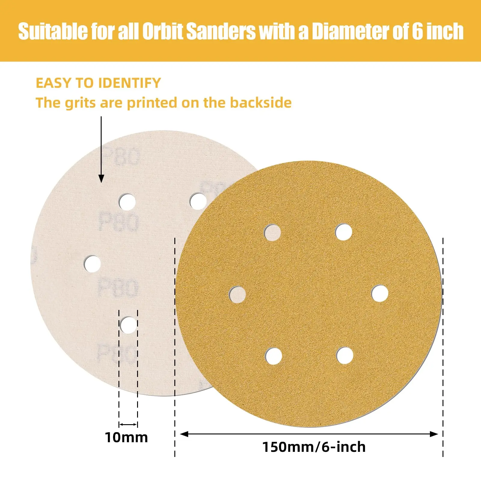 50 Pcs 6 Inch 6 Holes Hook and Loop Sanding Discs Orbital Sander Sandpaper 40-60 Grit for Orbital Sanders in Automotive