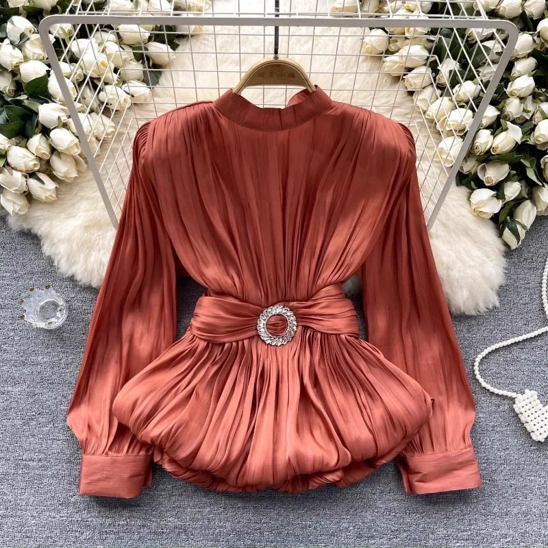 

High Grade Vintage French Women Clothing Blusas Mujer O Neck Pleated Design Sense Shirts Bandage Slim Waist Age Reducing Blouses
